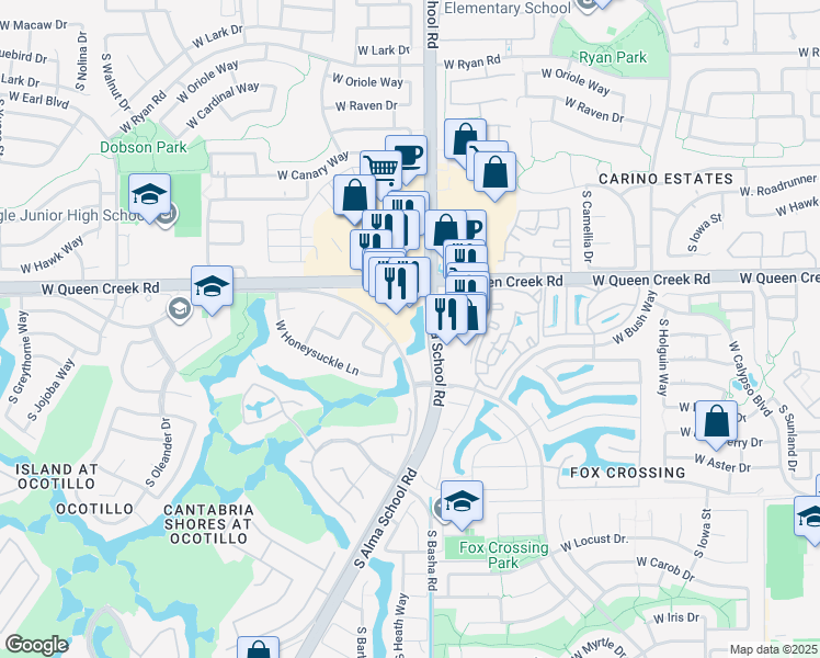 map of restaurants, bars, coffee shops, grocery stores, and more near 1035 West Queen Creek Road in Chandler