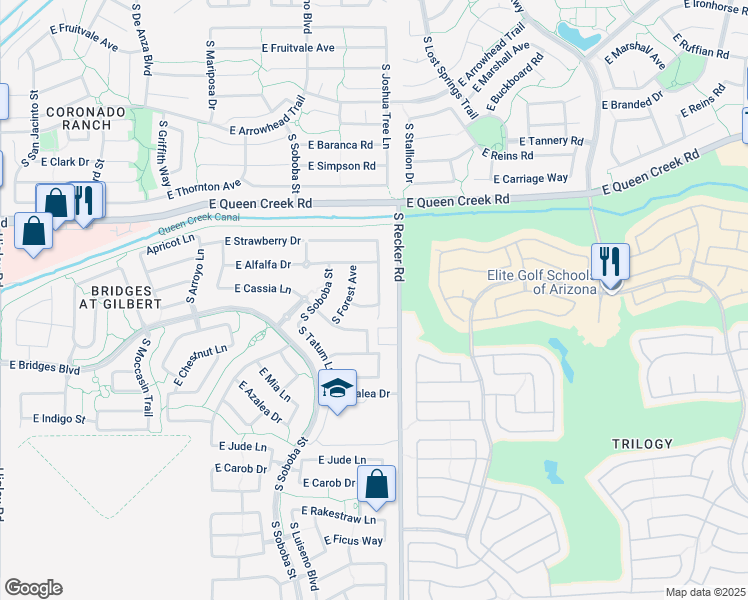 map of restaurants, bars, coffee shops, grocery stores, and more near 4668 East Peartree Lane in Gilbert