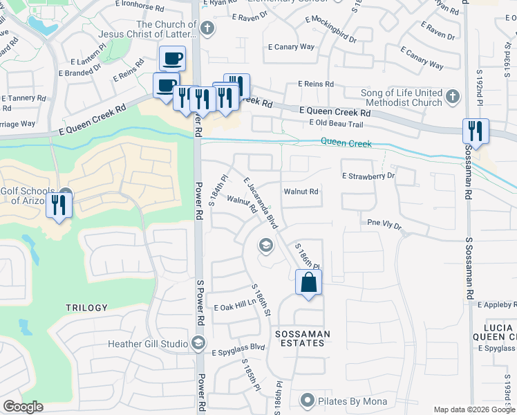 map of restaurants, bars, coffee shops, grocery stores, and more near 20641 South 185th Place in Queen Creek