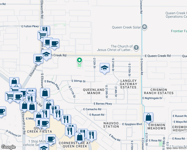 map of restaurants, bars, coffee shops, grocery stores, and more near 21254 East Bonanza Way in Queen Creek