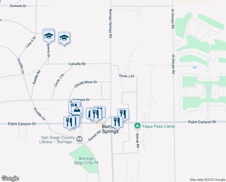 map of restaurants, bars, coffee shops, grocery stores, and more near 2377 Borrego Springs Road in Borrego Springs