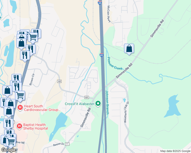 map of restaurants, bars, coffee shops, grocery stores, and more near 1432 Windsor Court in Alabaster