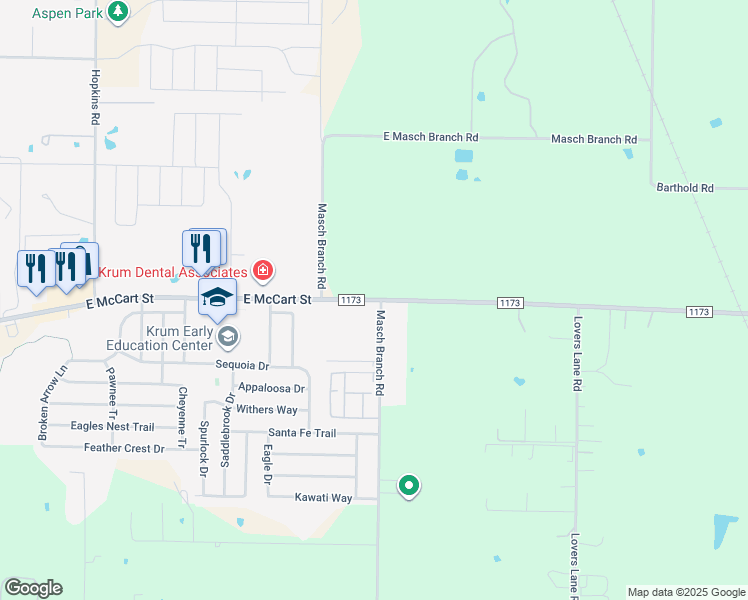 map of restaurants, bars, coffee shops, grocery stores, and more near 2000 Farm to Market Road 1173 in Denton