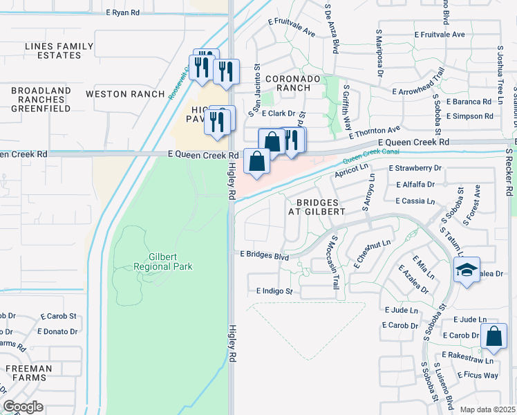 map of restaurants, bars, coffee shops, grocery stores, and more near 4935 South San Jacinto Street in Gilbert