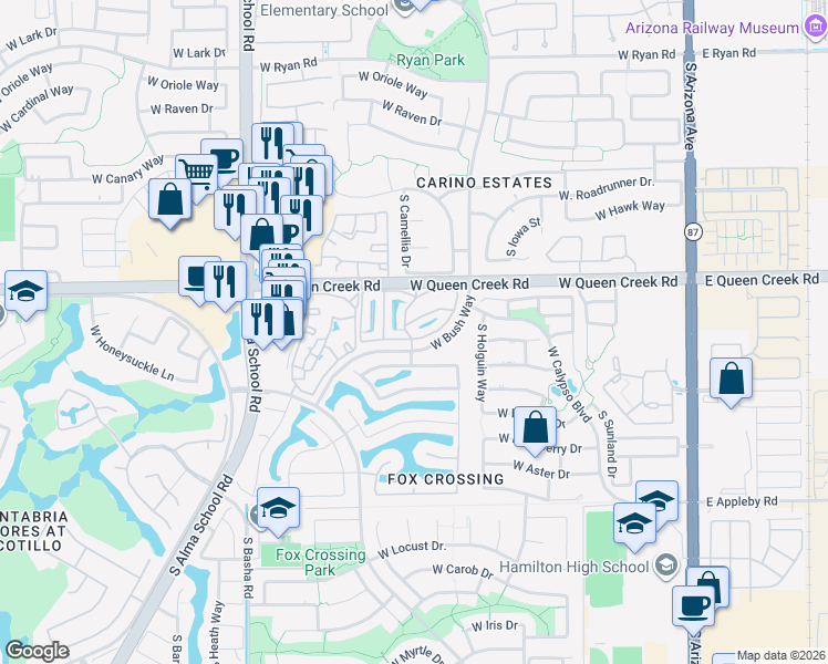 map of restaurants, bars, coffee shops, grocery stores, and more near 705 West Queen Creek Road in Chandler