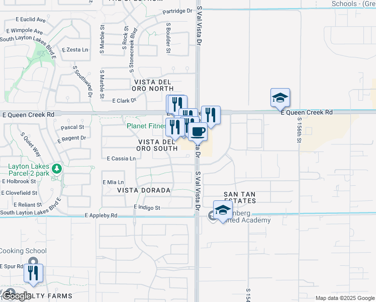 map of restaurants, bars, coffee shops, grocery stores, and more near 1568 East Cassia Court in Gilbert