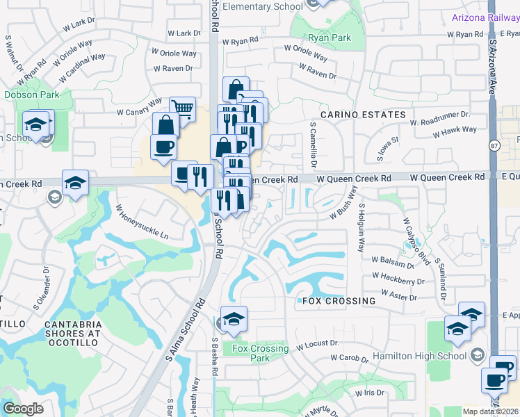 map of restaurants, bars, coffee shops, grocery stores, and more near 825 West Queen Creek Road in Chandler