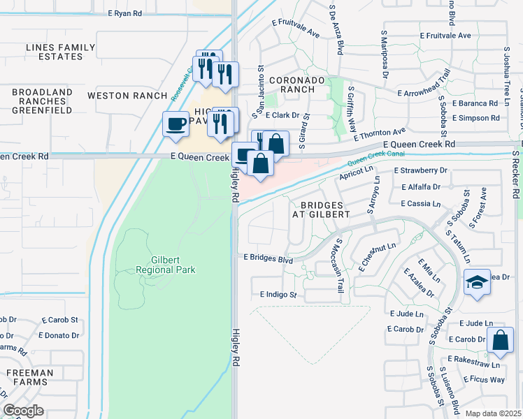 map of restaurants, bars, coffee shops, grocery stores, and more near 4935 South San Jacinto Street in Gilbert