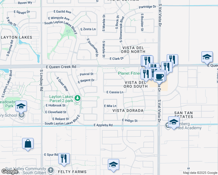 map of restaurants, bars, coffee shops, grocery stores, and more near 1263 East Walnut Road in Gilbert