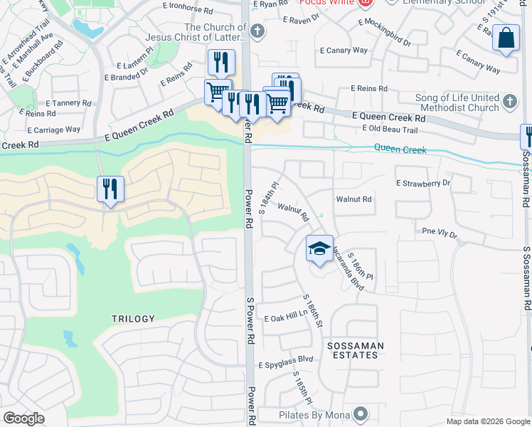 map of restaurants, bars, coffee shops, grocery stores, and more near 20684 South 184th Place in Queen Creek