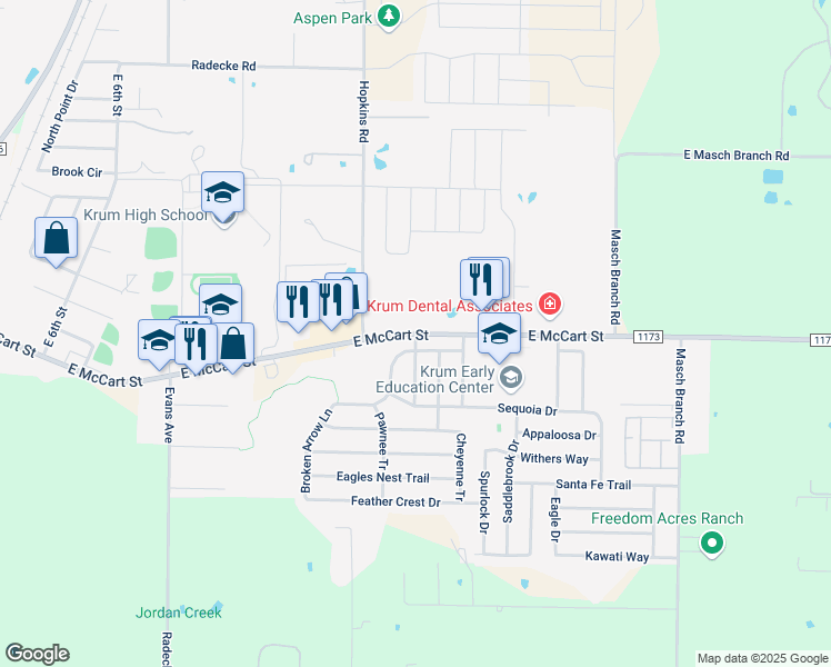 map of restaurants, bars, coffee shops, grocery stores, and more near Farm to Market Road 1173 in Denton