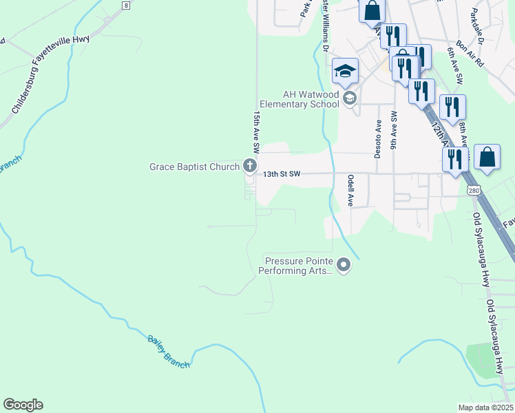 map of restaurants, bars, coffee shops, grocery stores, and more near 472 Lester Lane in Childersburg