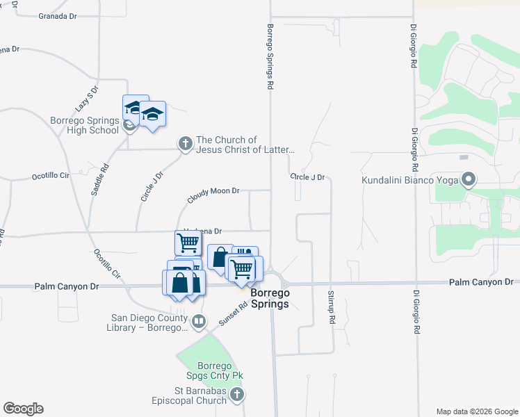 map of restaurants, bars, coffee shops, grocery stores, and more near 2376 Borrego Springs Road in Borrego Springs
