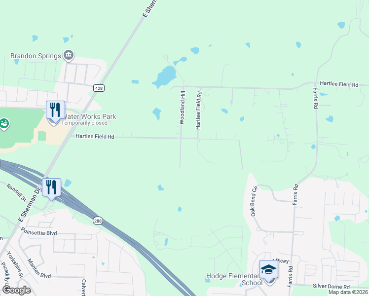 map of restaurants, bars, coffee shops, grocery stores, and more near 3508 Hartlee Field Road in Denton