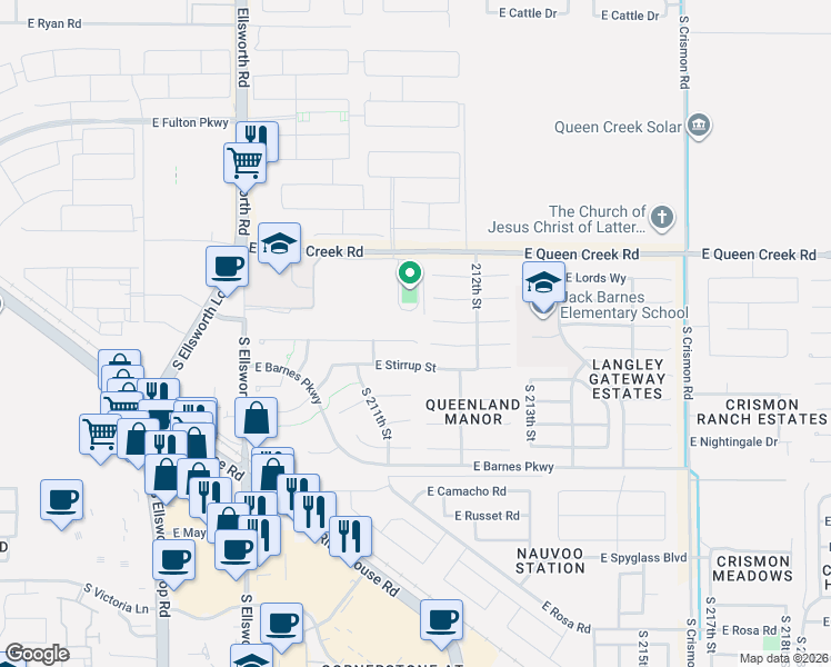 map of restaurants, bars, coffee shops, grocery stores, and more near 21138 East Saddle Way in Queen Creek