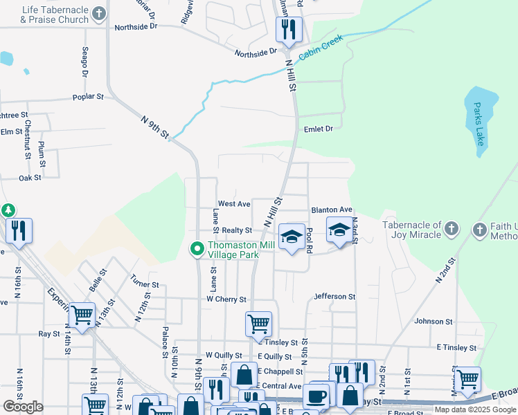 map of restaurants, bars, coffee shops, grocery stores, and more near 807 North Hill Street in Griffin
