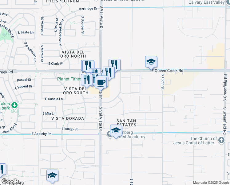 map of restaurants, bars, coffee shops, grocery stores, and more near 4691 South Val Vista Drive in Gilbert