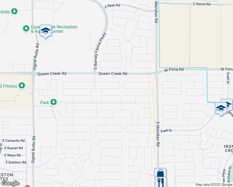 map of restaurants, bars, coffee shops, grocery stores, and more near 22643-23199 East Queen Creek Road in Queen Creek