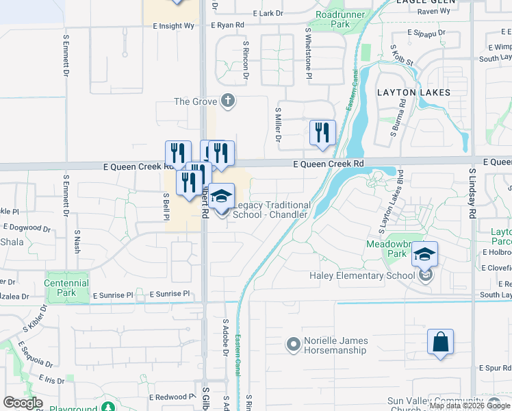 map of restaurants, bars, coffee shops, grocery stores, and more near 3233 East Lantana Place in Chandler