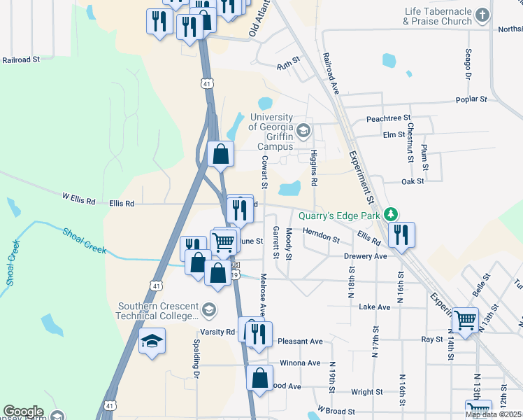 map of restaurants, bars, coffee shops, grocery stores, and more near 1404 Ellis Road in Griffin