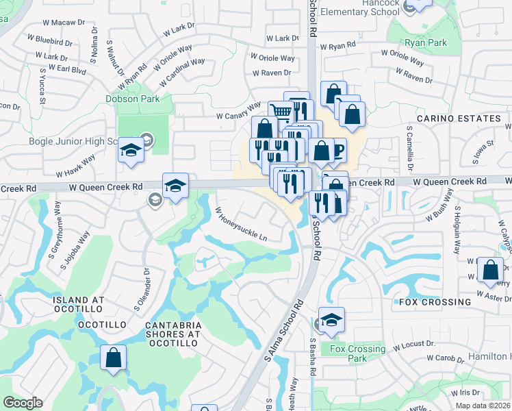 map of restaurants, bars, coffee shops, grocery stores, and more near 3023 South Marigold Place in Chandler
