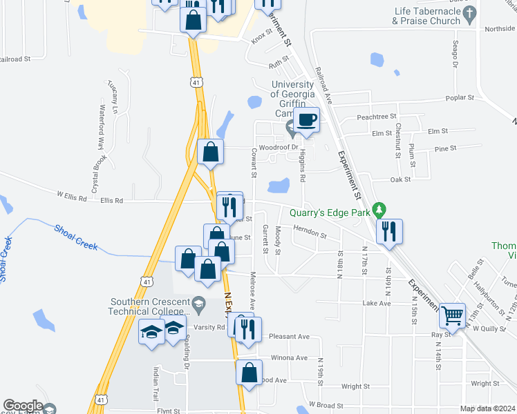 map of restaurants, bars, coffee shops, grocery stores, and more near 1404 Ellis Road in Griffin