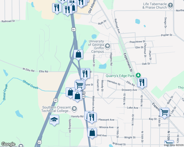 map of restaurants, bars, coffee shops, grocery stores, and more near 1404 Ellis Road in Griffin