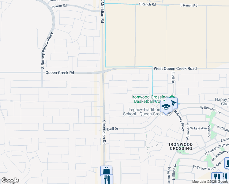 map of restaurants, bars, coffee shops, grocery stores, and more near 1515 West Buckeye Tree Avenue in San Tan Valley