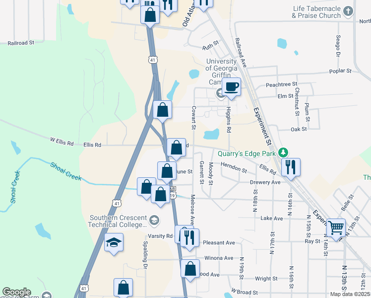 map of restaurants, bars, coffee shops, grocery stores, and more near 1420 Ellis Road in Griffin