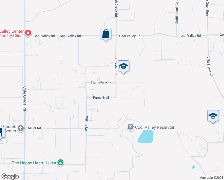 map of restaurants, bars, coffee shops, grocery stores, and more near 14680 Puma Trail in Valley Center