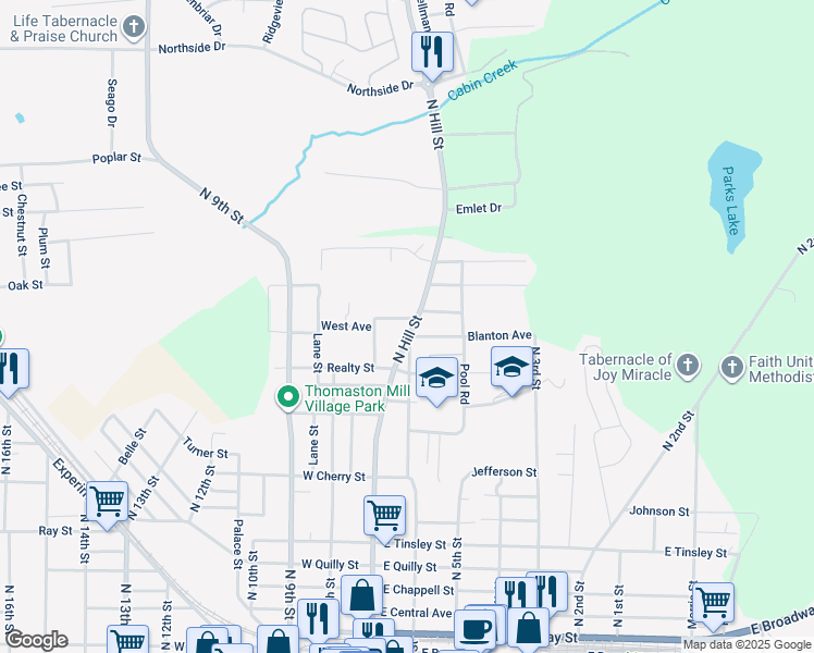 map of restaurants, bars, coffee shops, grocery stores, and more near 807 North Hill Street in Griffin