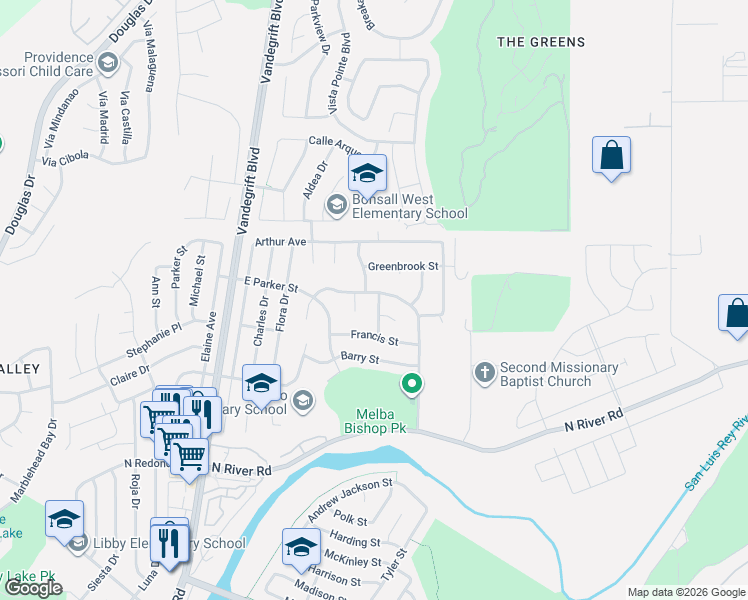 map of restaurants, bars, coffee shops, grocery stores, and more near 5231 Leon Street in Oceanside