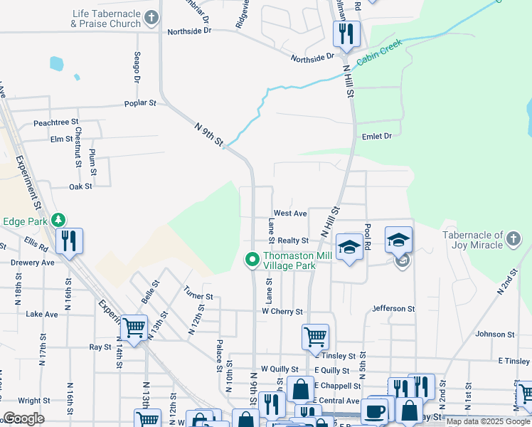 map of restaurants, bars, coffee shops, grocery stores, and more near 802 Lane Street in Griffin