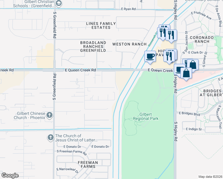 map of restaurants, bars, coffee shops, grocery stores, and more near 2779 East Walnut Road in Gilbert