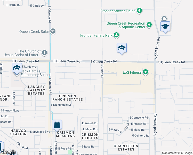 map of restaurants, bars, coffee shops, grocery stores, and more near South 220th Street in Queen Creek