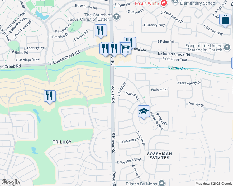 map of restaurants, bars, coffee shops, grocery stores, and more near 20684 South 184th Place in Queen Creek