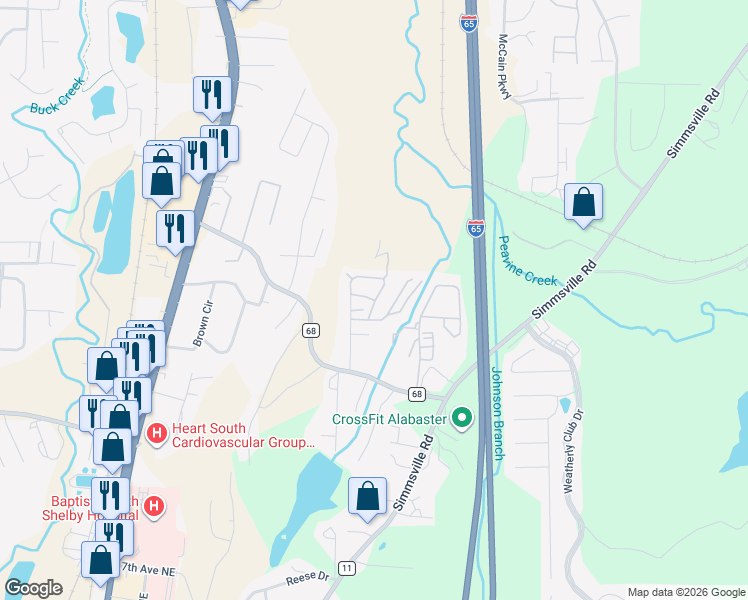 map of restaurants, bars, coffee shops, grocery stores, and more near 302 Allen Drive in Alabaster