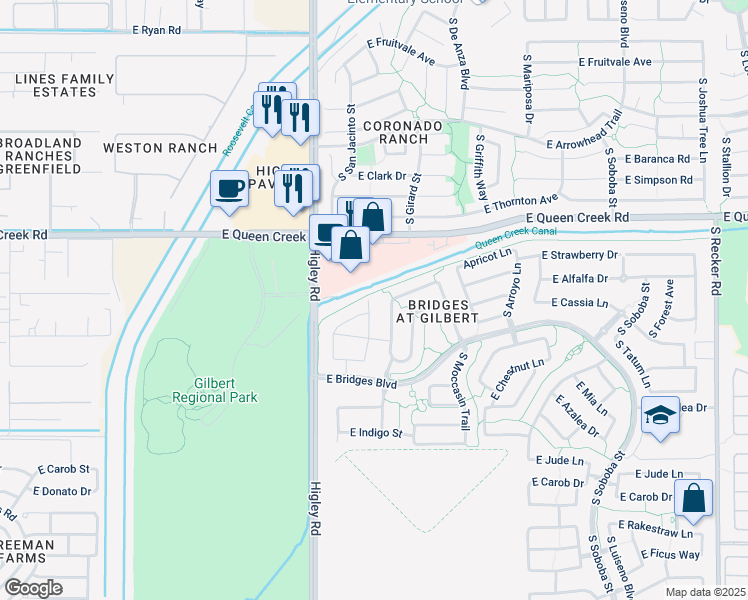 map of restaurants, bars, coffee shops, grocery stores, and more near 4935 South San Jacinto Street in Gilbert