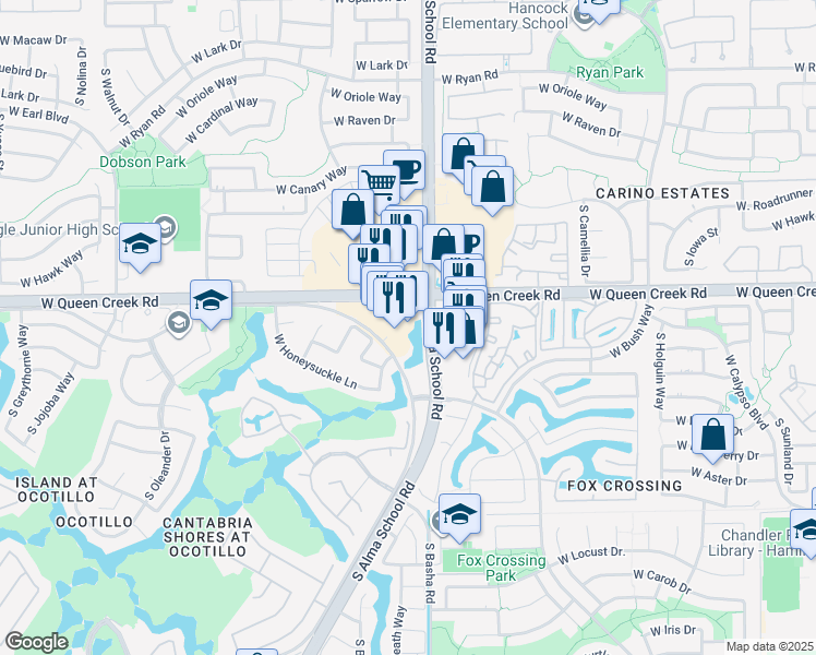 map of restaurants, bars, coffee shops, grocery stores, and more near 1035 West Queen Creek Road in Chandler