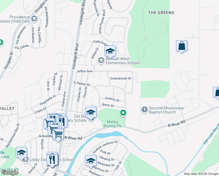 map of restaurants, bars, coffee shops, grocery stores, and more near 5231 Leon Street in Oceanside