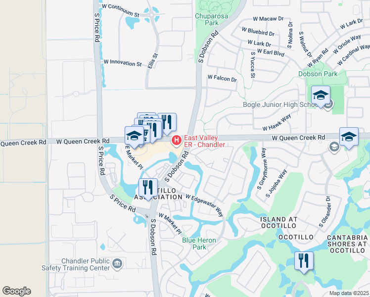 map of restaurants, bars, coffee shops, grocery stores, and more near 3050 S Dobson Rd in Chandler
