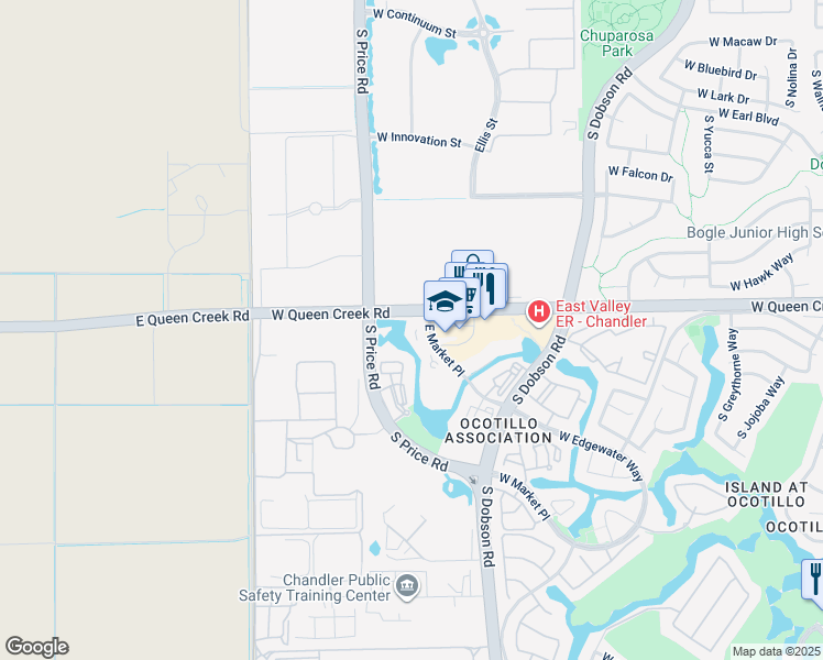 map of restaurants, bars, coffee shops, grocery stores, and more near 2855 West Queen Creek Road in Chandler