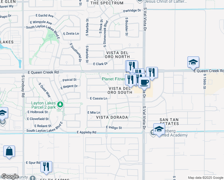 map of restaurants, bars, coffee shops, grocery stores, and more near 4927 South Stonecreek Boulevard in Gilbert