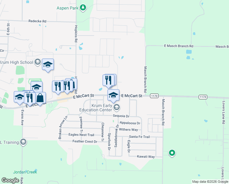 map of restaurants, bars, coffee shops, grocery stores, and more near 3213 Camden Creek Drive in Krum