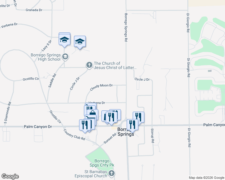map of restaurants, bars, coffee shops, grocery stores, and more near Cloudy Moon Drive in Borrego Springs