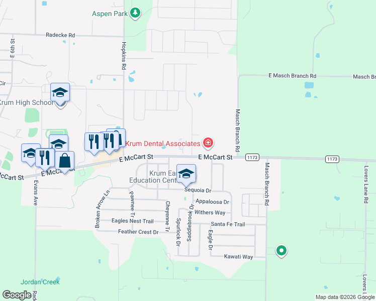 map of restaurants, bars, coffee shops, grocery stores, and more near 3213 Camden Creek Drive in Krum
