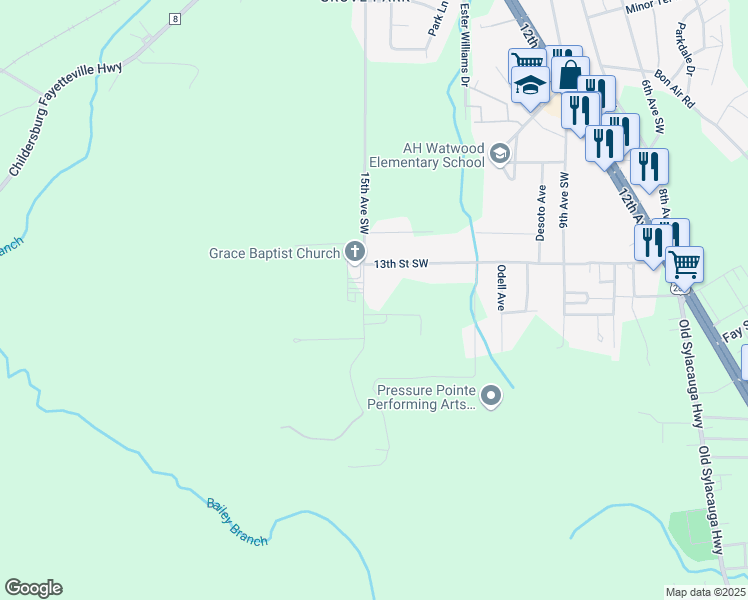 map of restaurants, bars, coffee shops, grocery stores, and more near 472 Lester Lane in Childersburg
