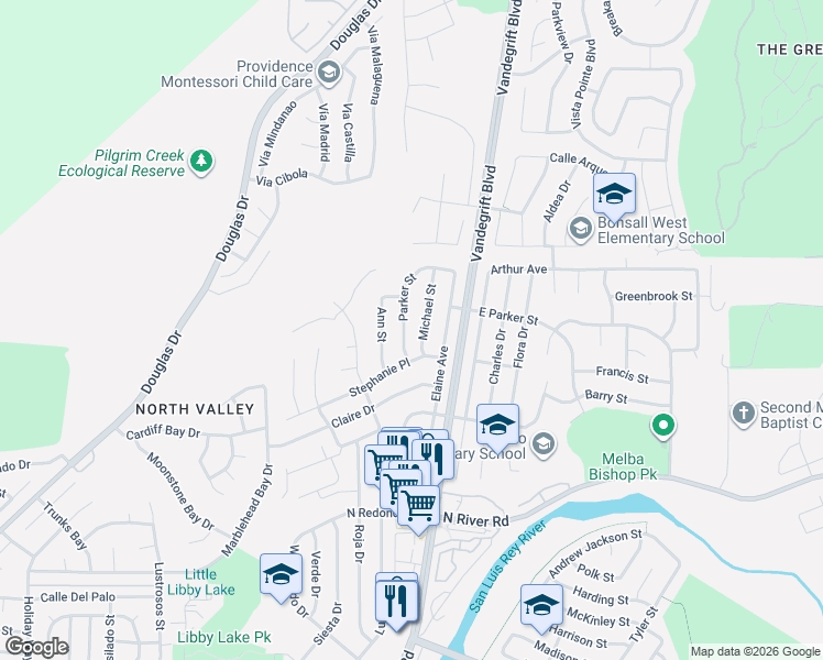 map of restaurants, bars, coffee shops, grocery stores, and more near 633 Michael Street in Oceanside