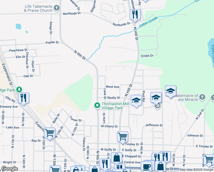 map of restaurants, bars, coffee shops, grocery stores, and more near 802 Lane Street in Griffin