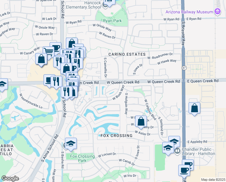 map of restaurants, bars, coffee shops, grocery stores, and more near 705 West Queen Creek Road in Chandler